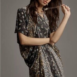 Anthropologie Women Small Blue/Yellow Floral Patchwork Midi Dress NWT Bohomian